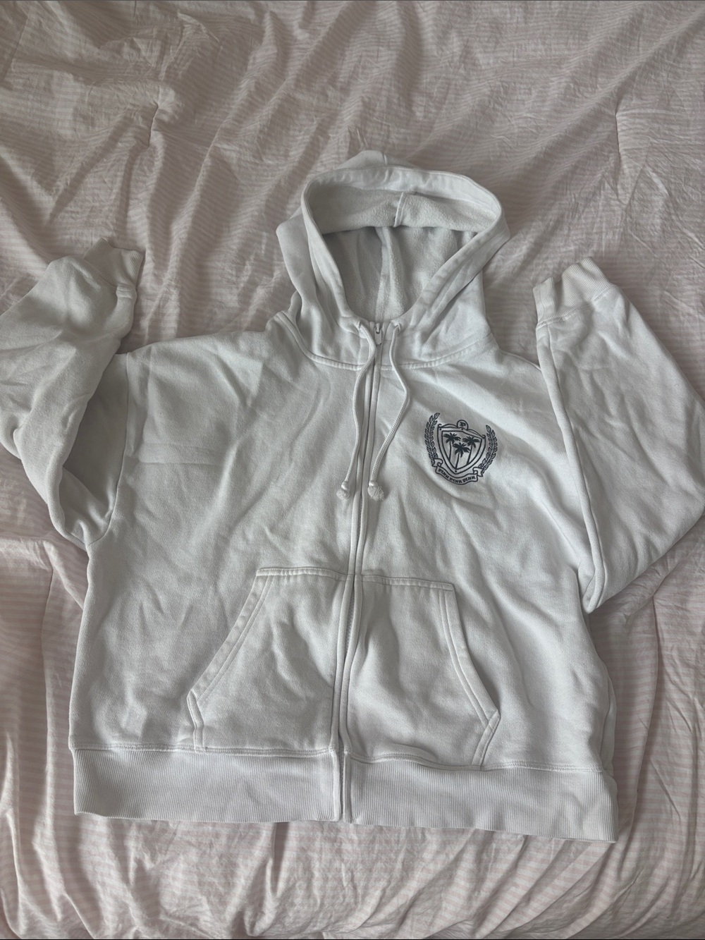 VERY GOOD CONDITION PINK Victoria's Secret White Zip-Up Hoodie with Crest